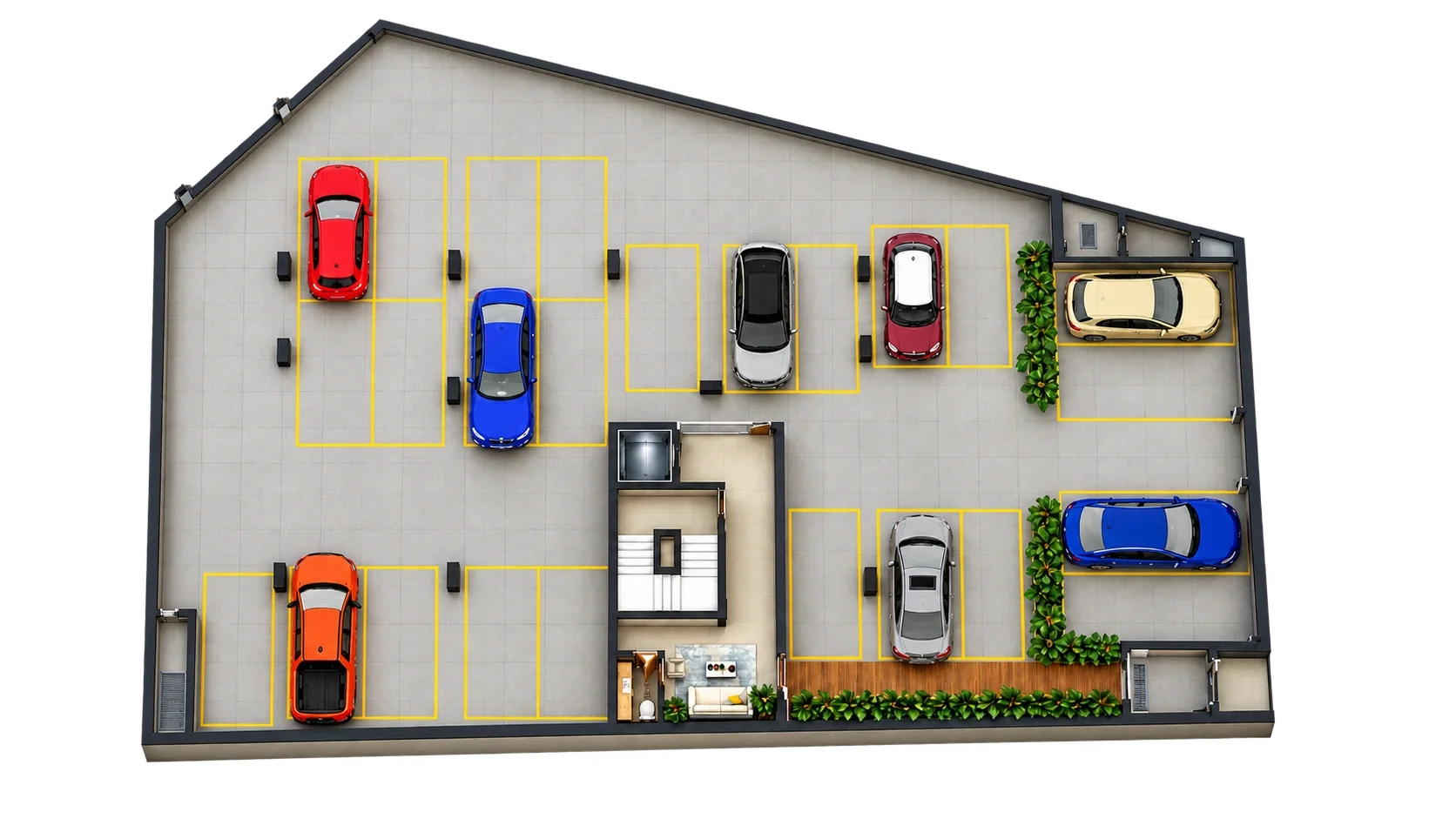 Planta humanizada da garagem e hall do Residencial Ilha Bella