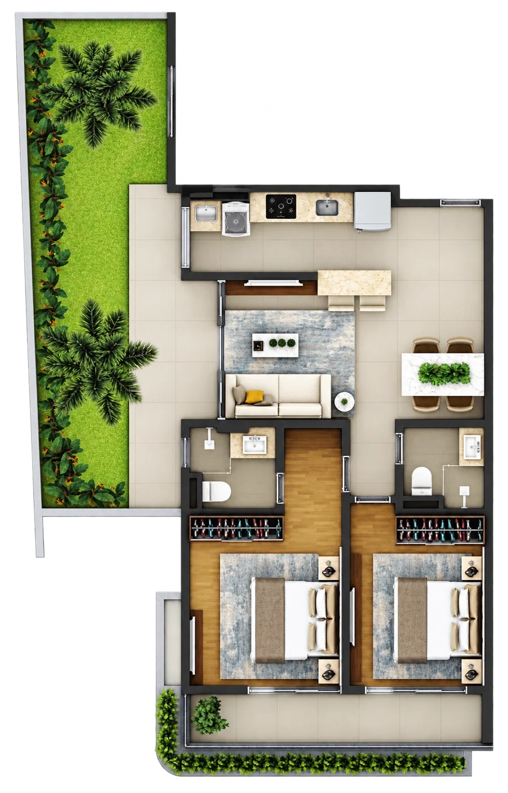 Planta humanizada com volume 3D do apartamento Garden 01