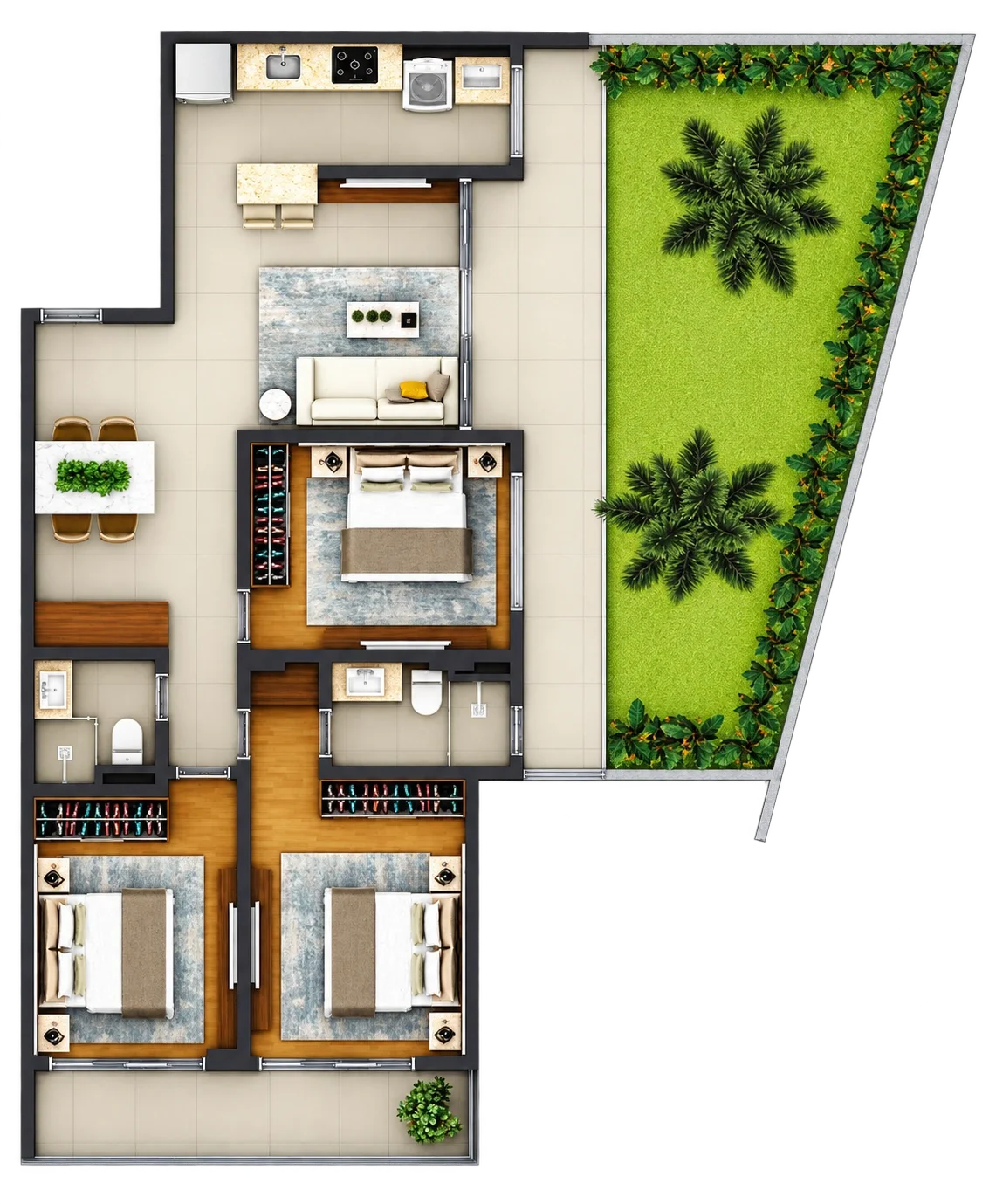 Planta humanizada com volume 3D do apartamento Garden 02