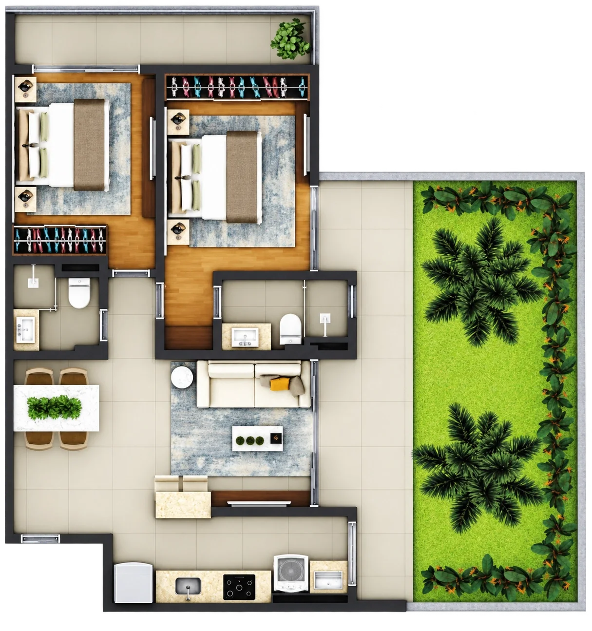 Planta humanizada com volume 3D do apartamento Garden 03