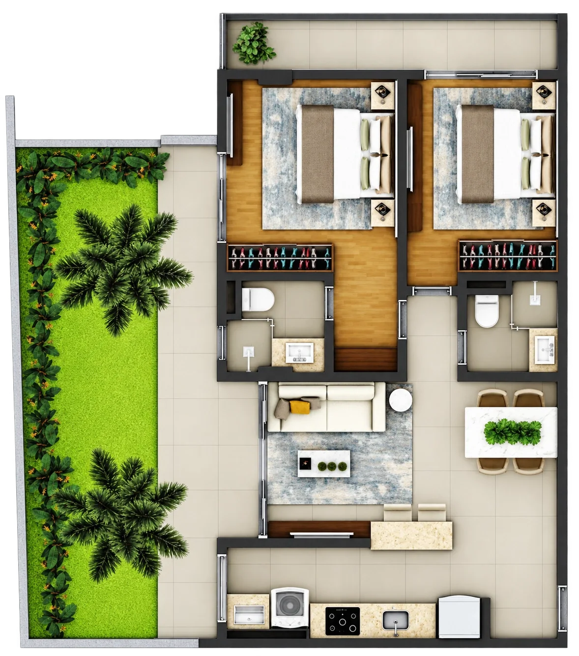 Planta humanizada com volume 3D do apartamento Garden 04