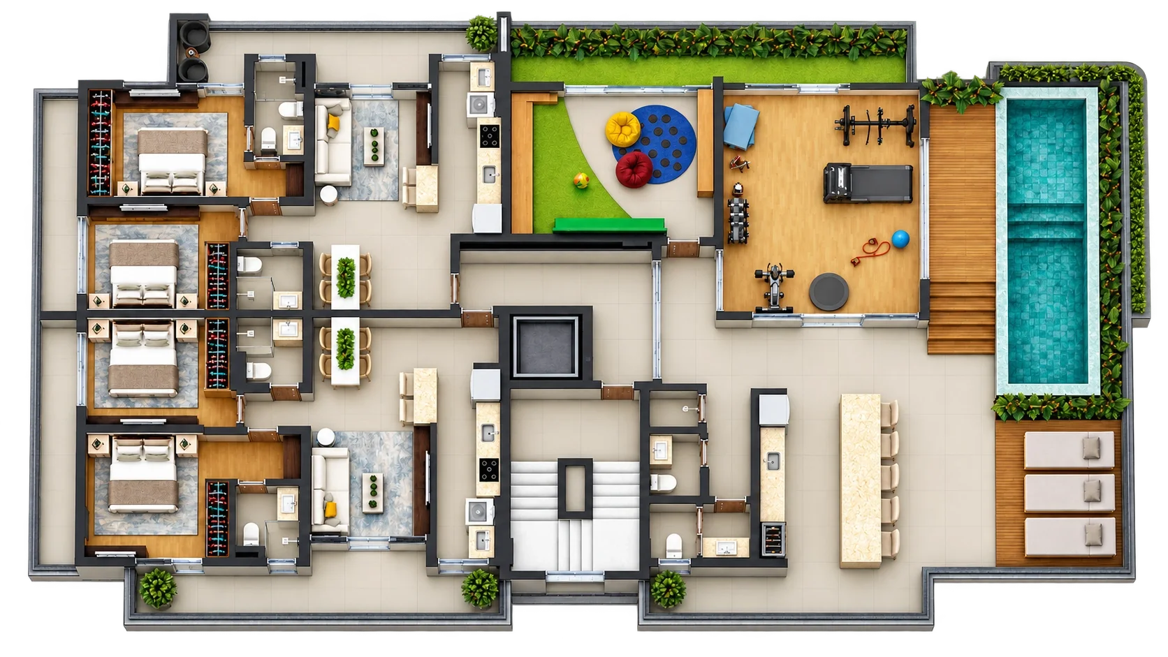 Planta humanizada do pavimento com apartamentos e rooftop do Residencial Ilha Bella