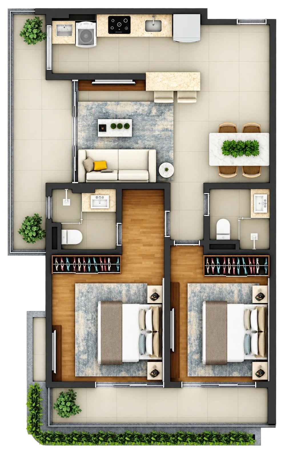 Planta humanizada com volume 3D do apartamento Tipo 01