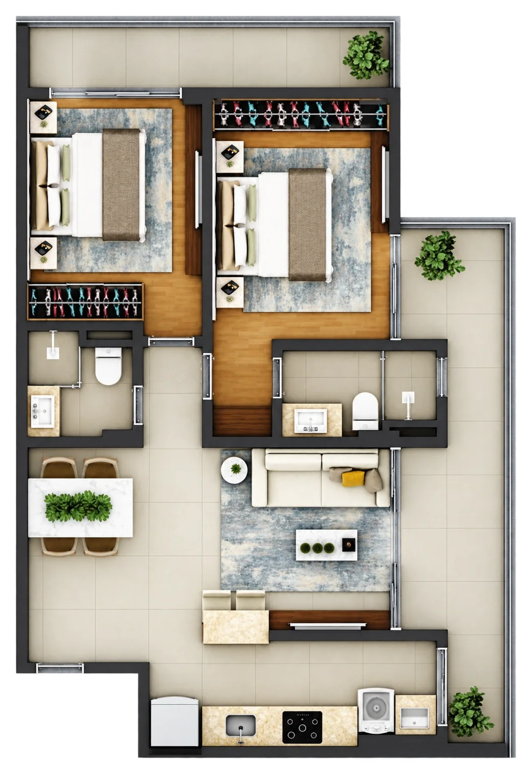 Planta humanizada com volume 3D do apartamento Tipo 03