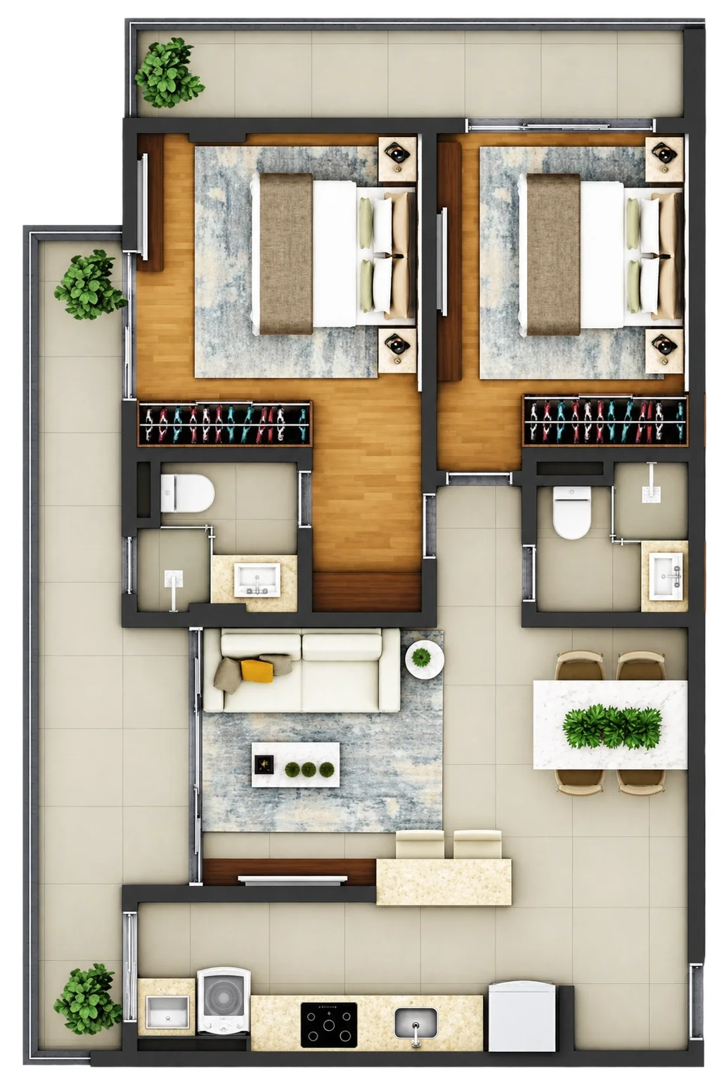 Planta humanizada com volume 3D do apartamento Tipo 04