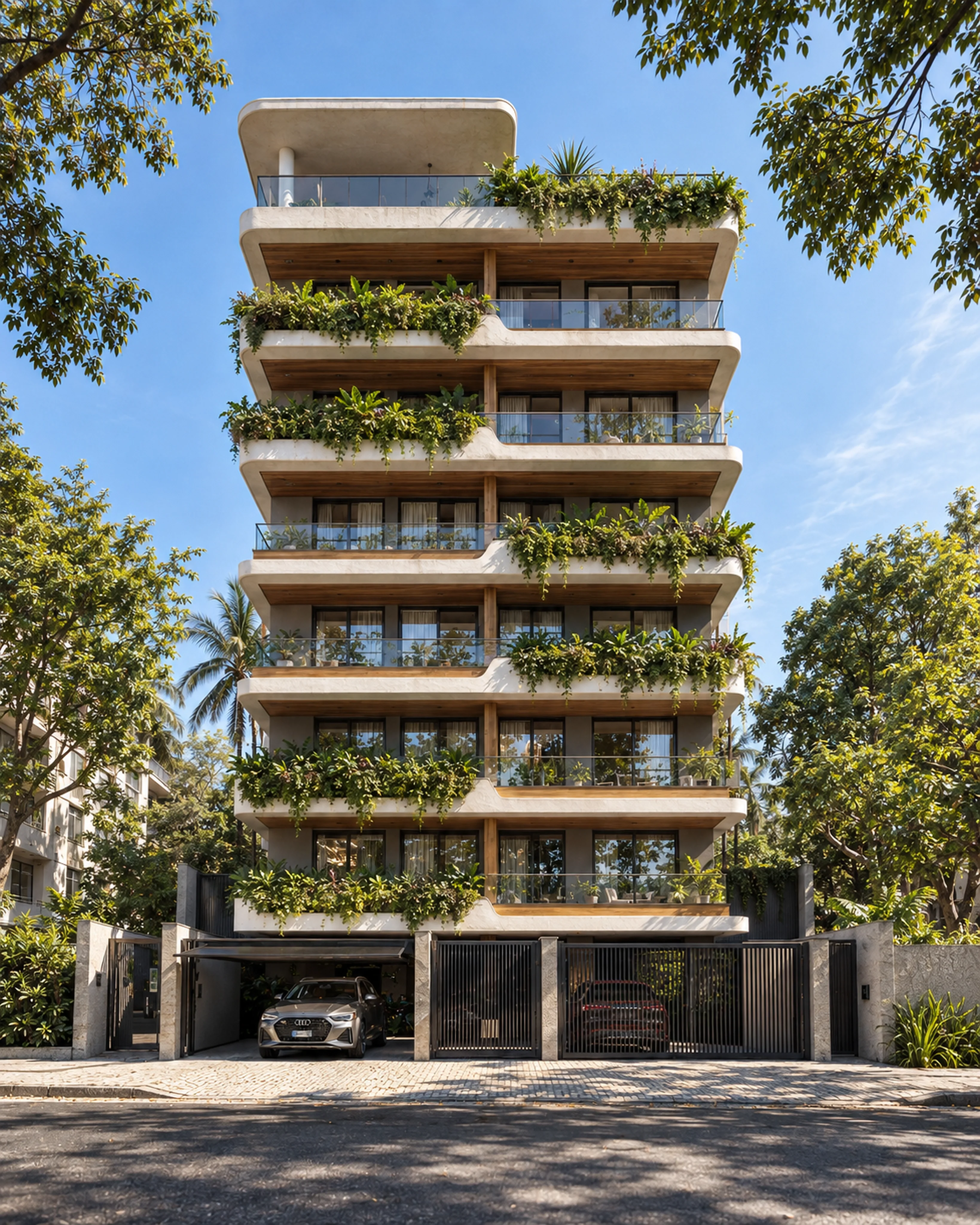 Perspectiva frontal do Residencial Ilha Bella, com varandas e vegetação
