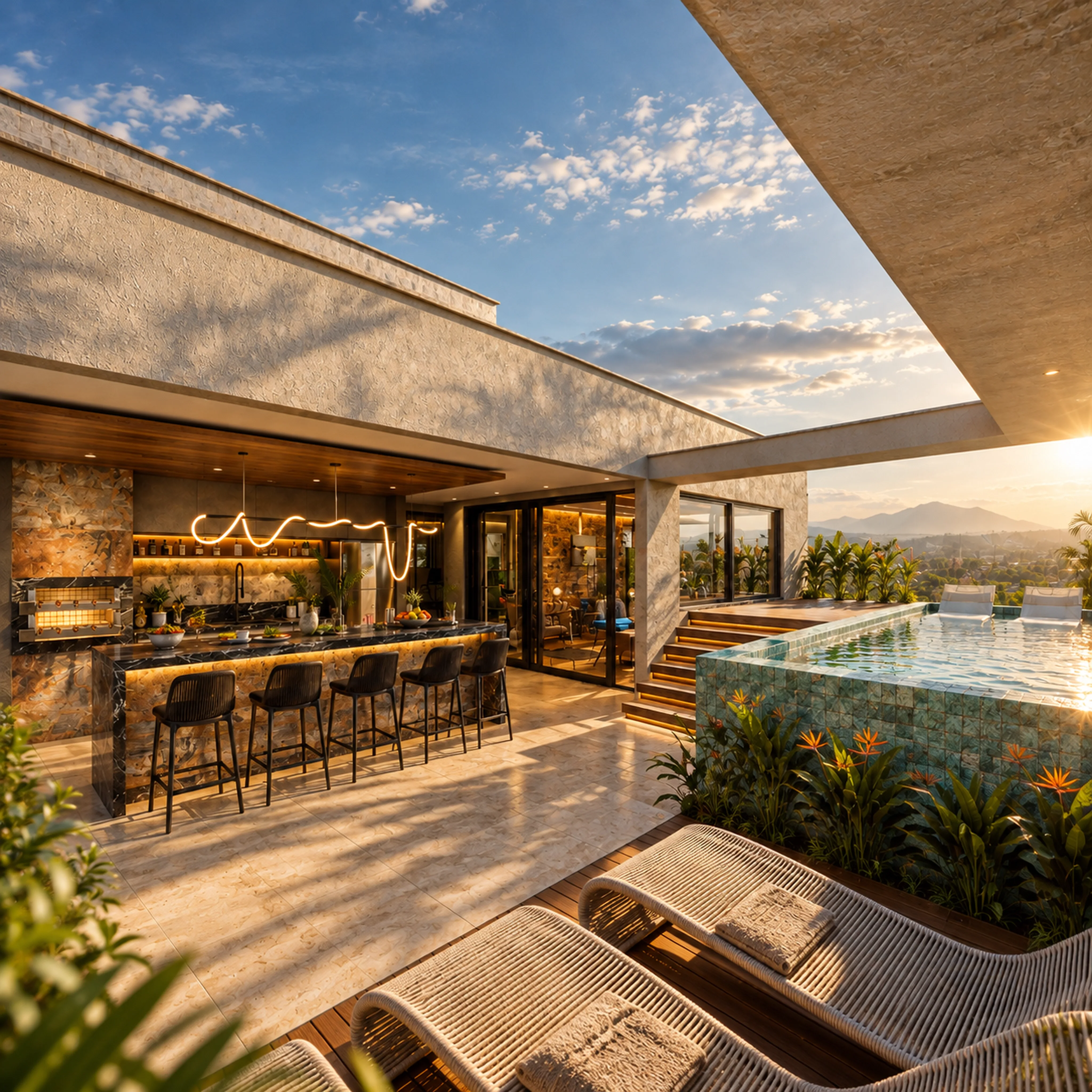Perspectiva do terraço com piscina e espaço coberto